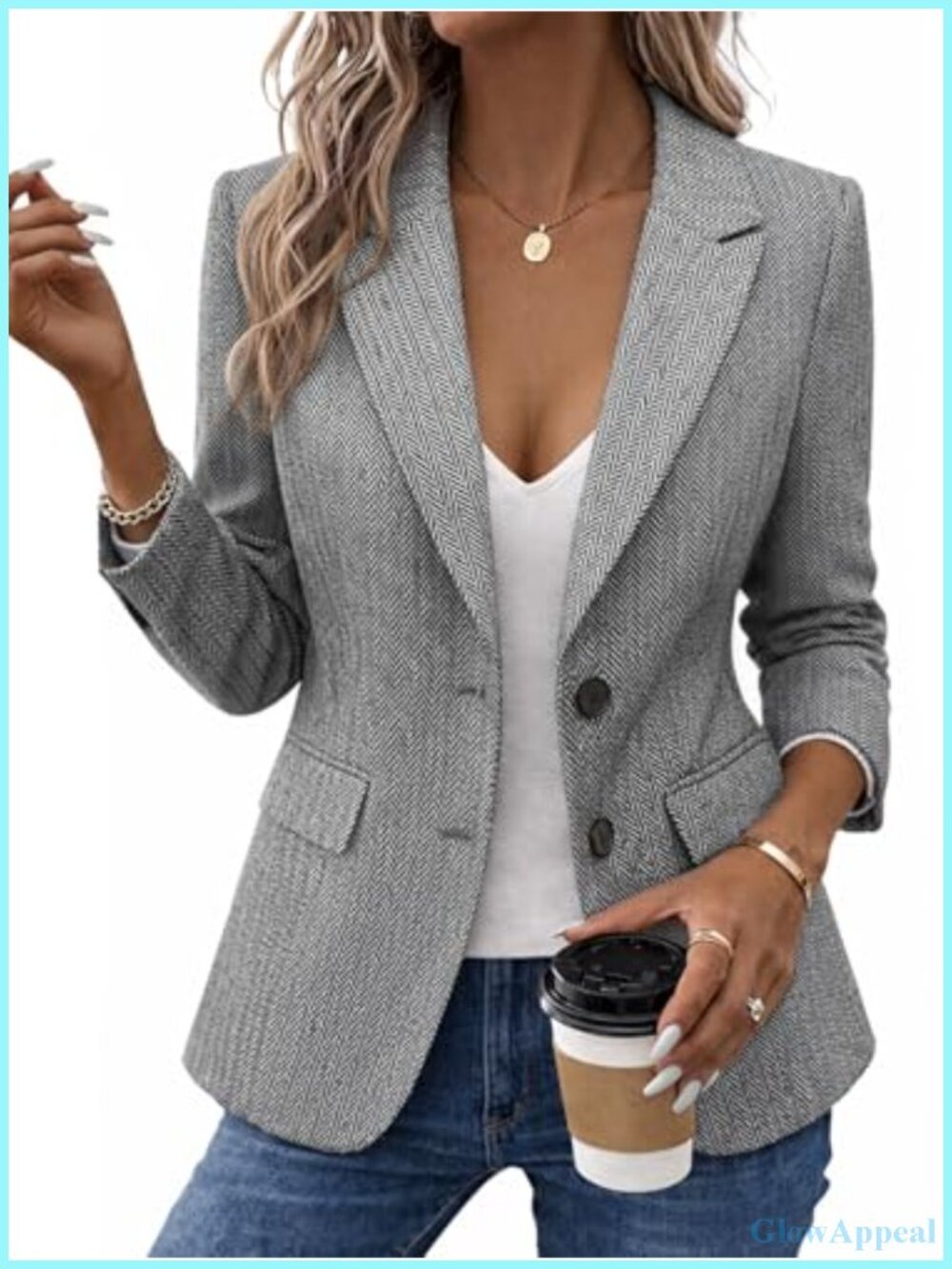 Women's Herringbone Tweed Blazer Jacket Work Office Coat